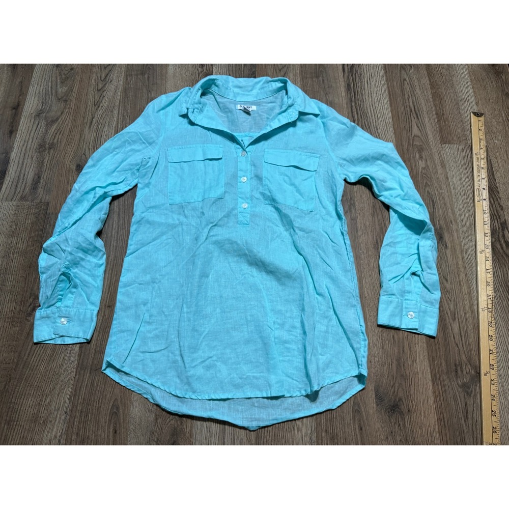 Old Navy Button Down Women Size XS Aqua Blue Linen Blend Long Sleeve Henley Top